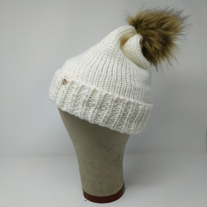 Lauren Conrad Knit Beanie Hat White Cream Faux Fur Pom Pom W/ Pin