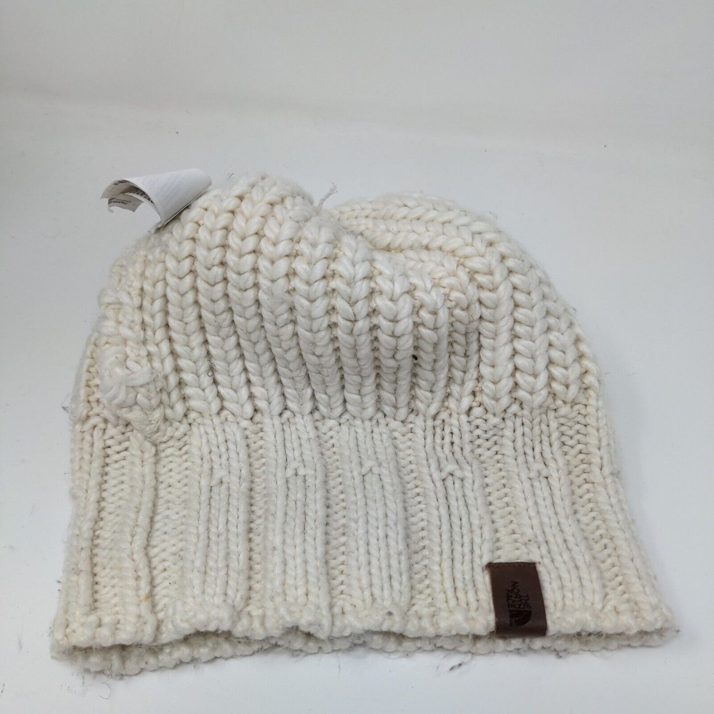 The North Face Womens Knit Beanie Pom Pom Hat Cream Logo One Size