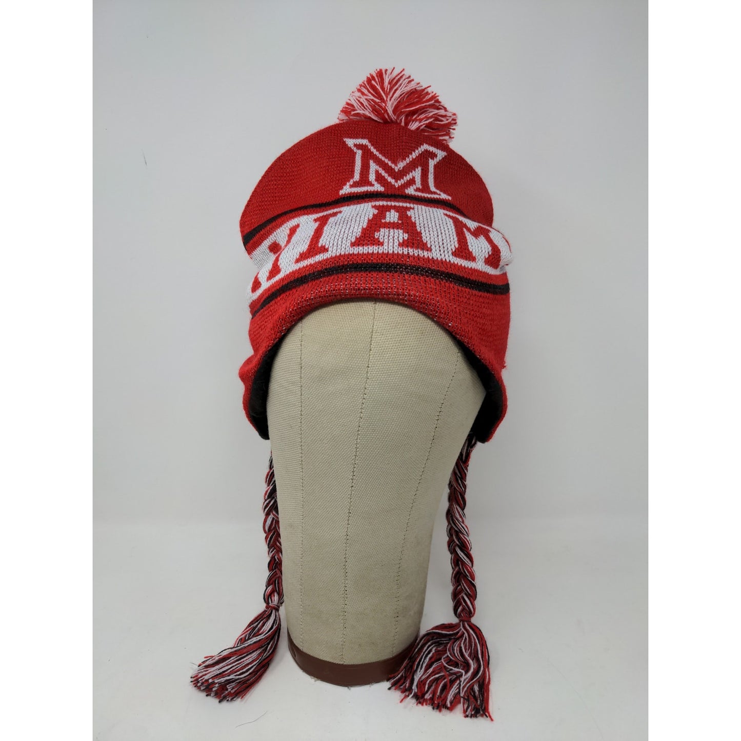 Miami Florida Beanie Hat 100% Acrylic Red & White W/Pom Pom and Strings