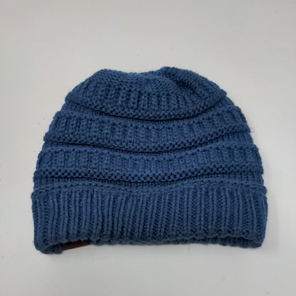 C.C. Exclusives Cable Knit Beanie Hat Blue Patch Logo 100% Acrylic