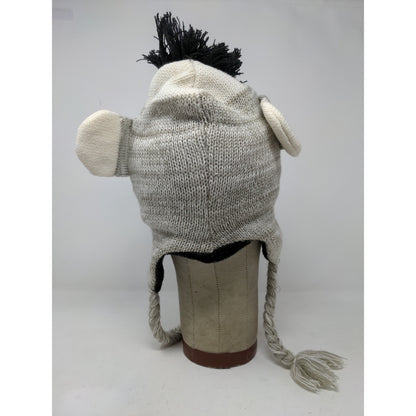 Sock Monkey Knit Beanie Hat Cap Button Eyes 100% Acrylic Gray White