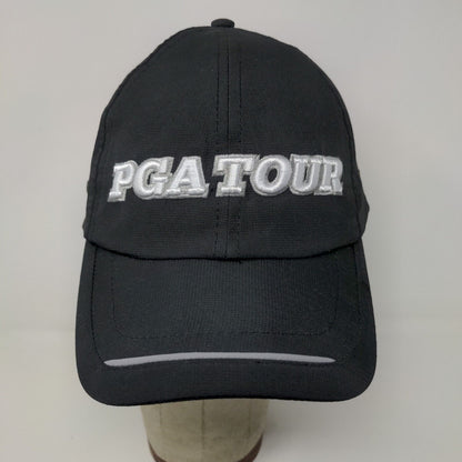 PGA Tour Strapback Hat Black OSFM Spell Out Embroidered Logo Polyester