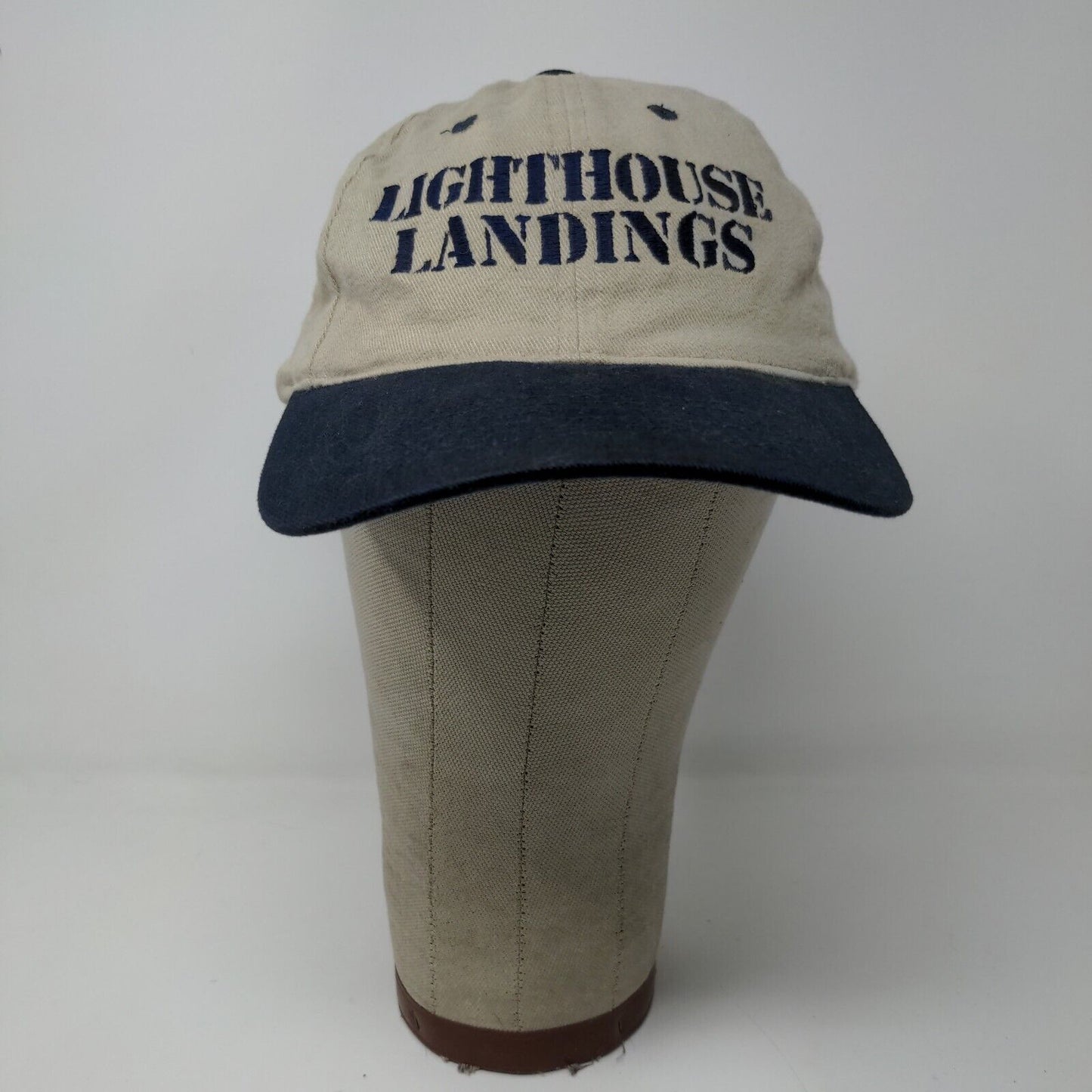 Lighthouse Landings Slideback Hat Beige Blue Adjustable Embroidered Logo