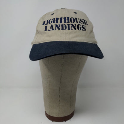 Lighthouse Landings Slideback Hat Beige Blue Adjustable Embroidered Logo