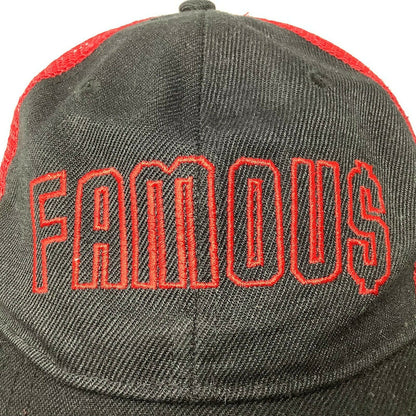 Famous Mesh Back Snapback Hat Cap Red Black Embroidered Spell Out