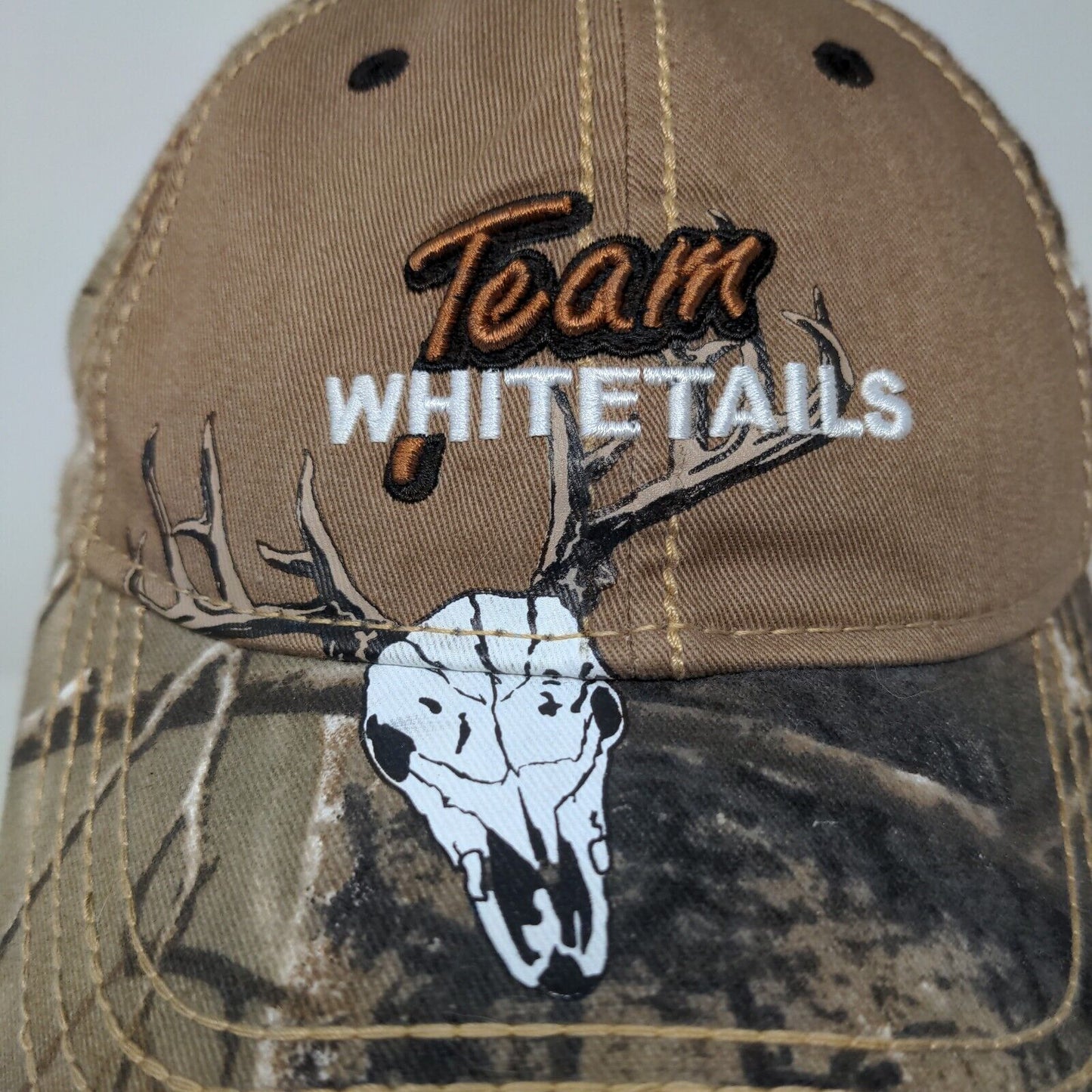 Whitetails Unlimited Men's Brown Camo OSFA Strapback Hat Graphic Skull Logo