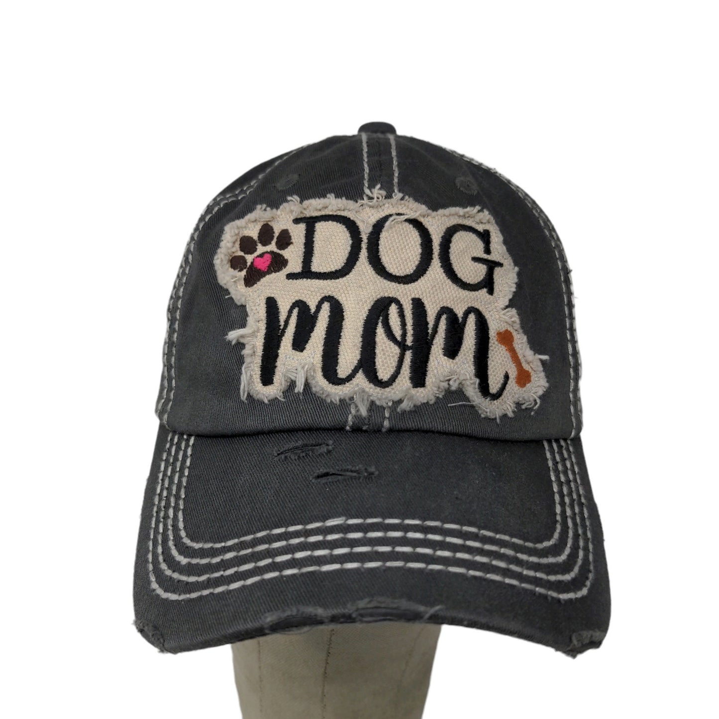 KBethos Vintage Dog Mom Strapback Hat Embroidered Patch Distressed Gray