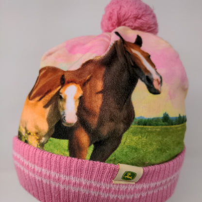 John Deere Girls Toddler Beanie Hat Patch Logo Horse Graphic Pom Pom