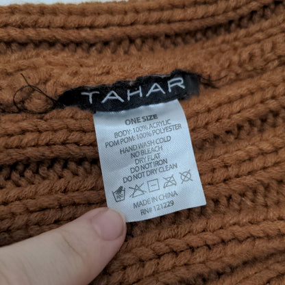 Tahari Knit Beanie Hat Pom Pom Patch Logo Brown Warm One Size