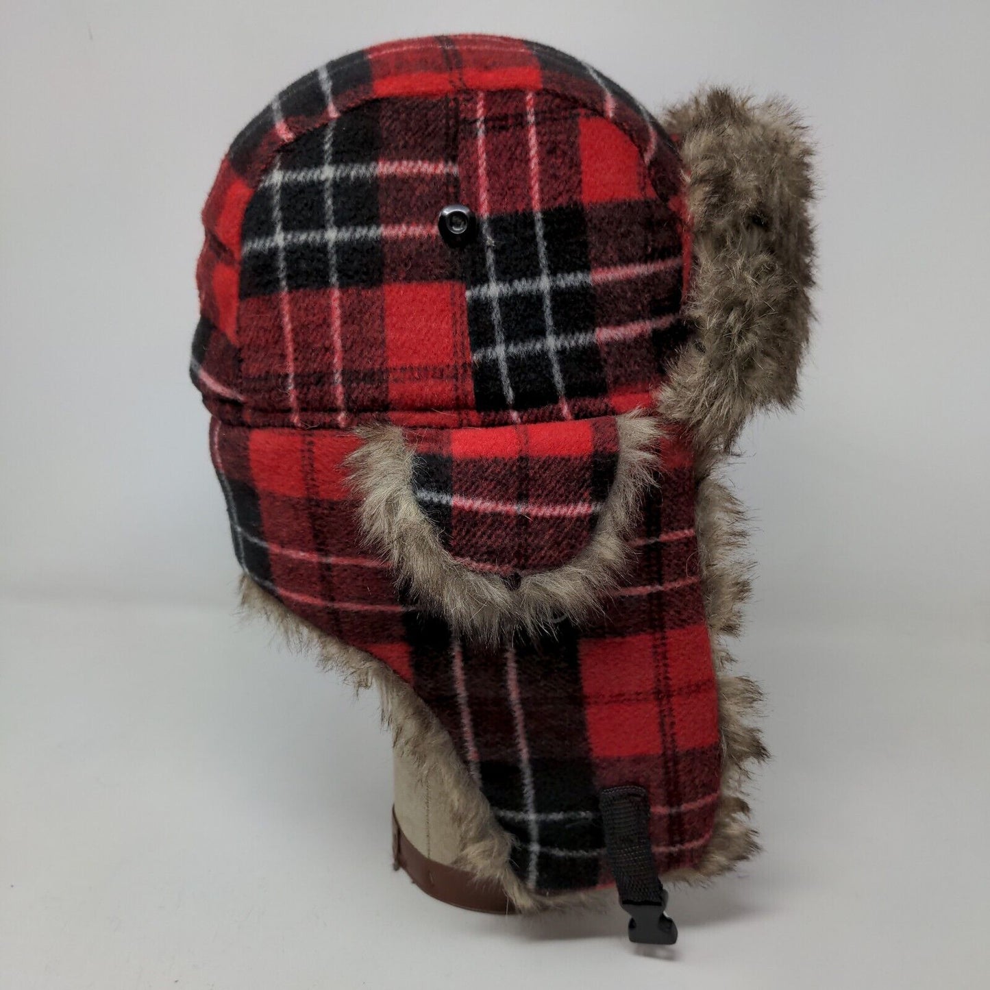 Unbranded Men's Trapper Hat Red Plaid Quilted Lined Vegan Fur Ear Flaps
