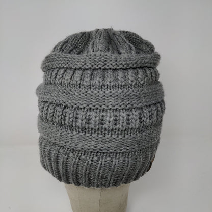 C.C. Exclusives Cable Knit Beanie Hat Gray Patch Logo 100% Acrylic