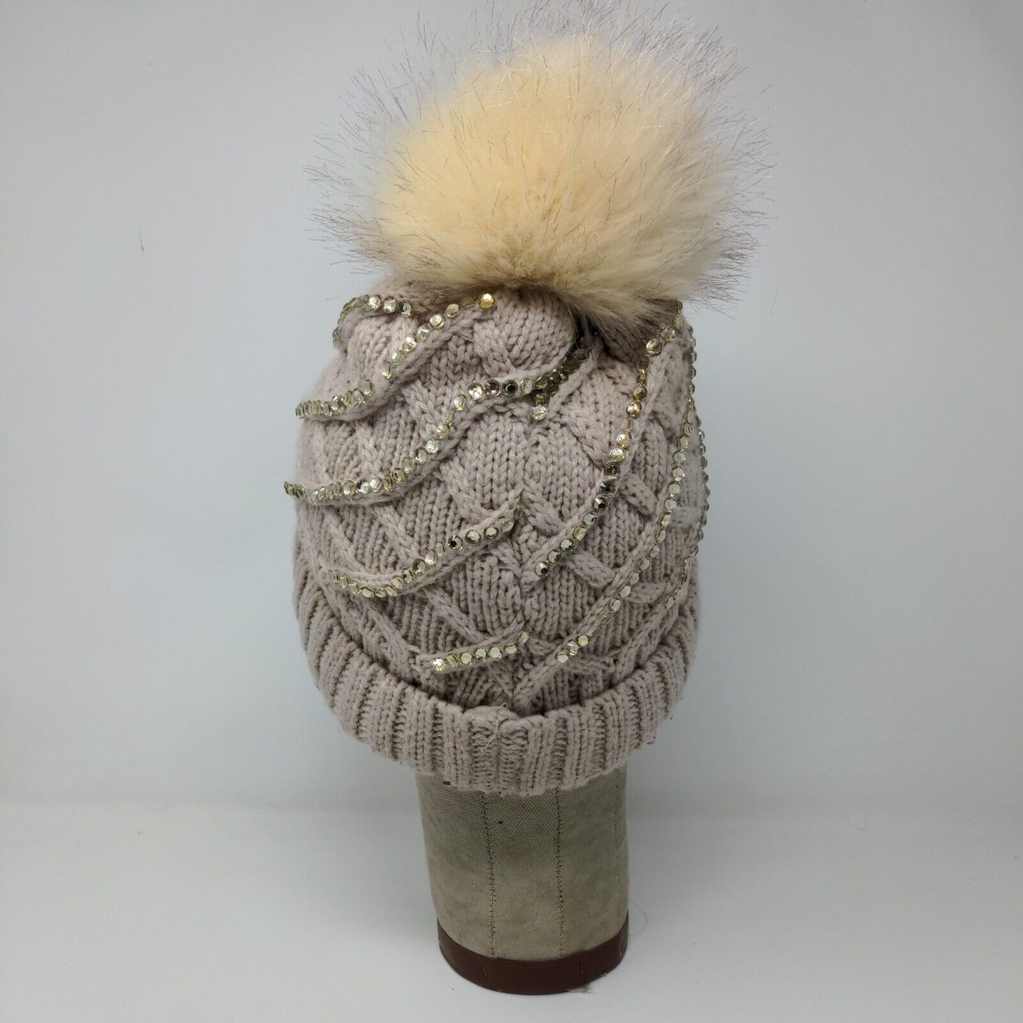 Knit Winter Crystal Bling Studded Pom Pom Cable Knit Beanie Faux Fur Lining Hat