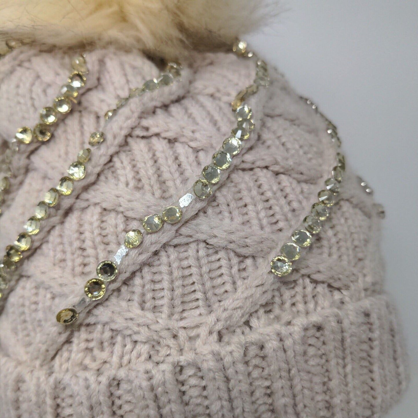 Knit Winter Crystal Bling Studded Pom Pom Cable Knit Beanie Faux Fur Lining Hat