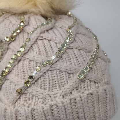 Knit Winter Crystal Bling Studded Pom Pom Cable Knit Beanie Faux Fur Lining Hat