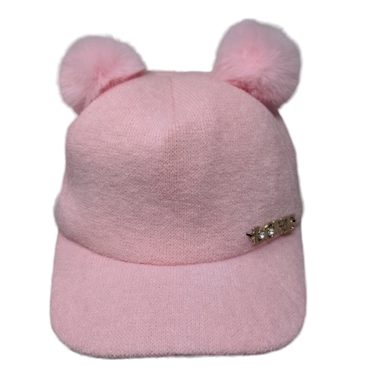 Unbranded Women's Strapback Hat Pink Fleece Fuzzy Pom Poms LOVE Logo