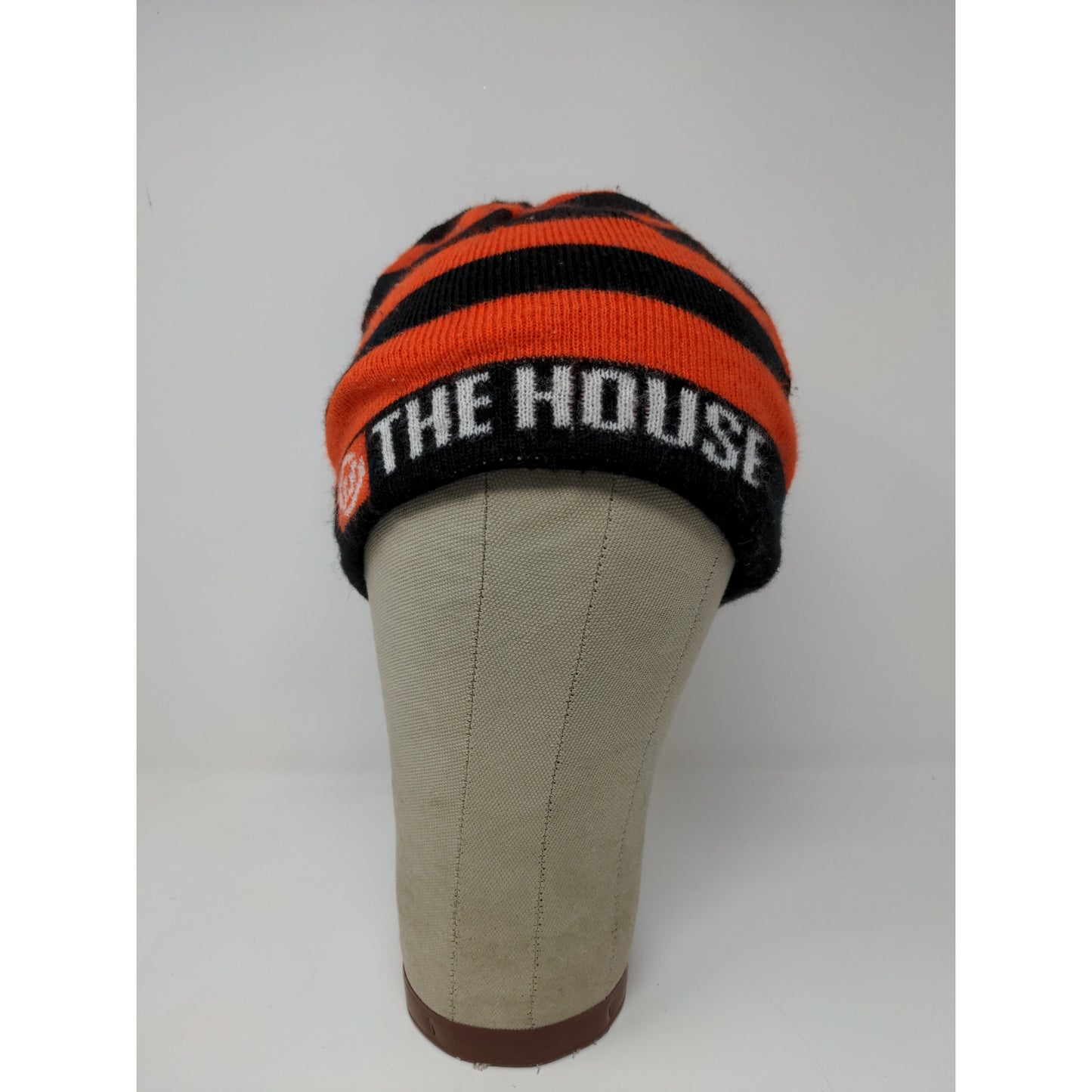 The House Striped Beanie Hat Orange & Black Spell Out Logo Knit