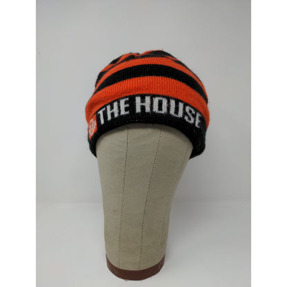 The House Striped Beanie Hat Orange & Black Spell Out Logo Knit