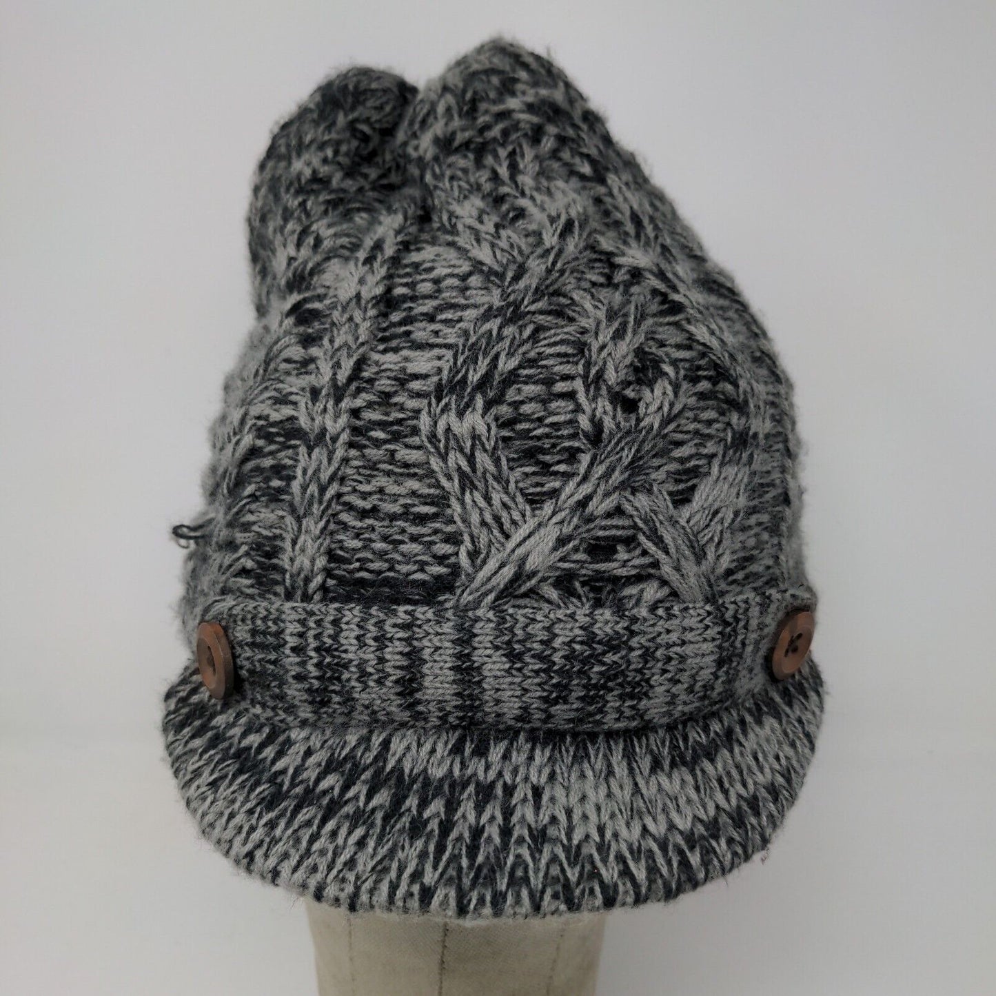 Beanie Hat W/ Bill Lined Soft Warm Black Gray Button Accents