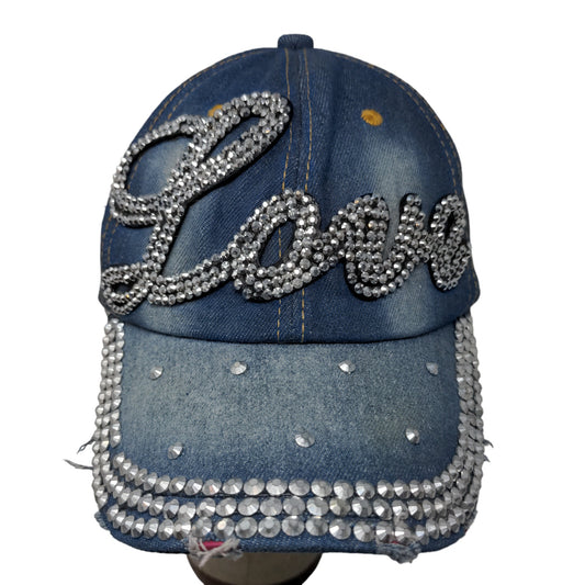 Love Women's Slideback Denim Hat Shiny Big Rhinestones Logo Bling Distressed