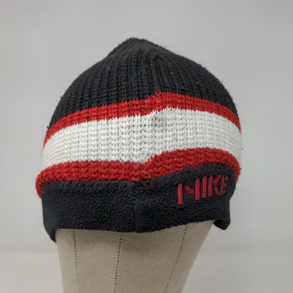 Nike Men's Fleece Knit Beanie Hat Black Striped Embroidered Logo