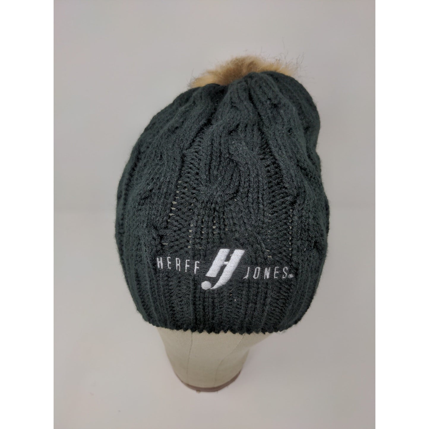 Hit Wear Herff Jones Cable Knit Beanie Hat Faux Fur Pom Pom Black