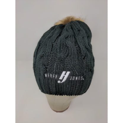 Hit Wear Herff Jones Cable Knit Beanie Hat Faux Fur Pom Pom Black