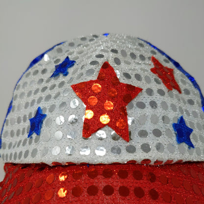 Patriotic Strapback Hat Stars Shiny Sparkly Red White Blue USA