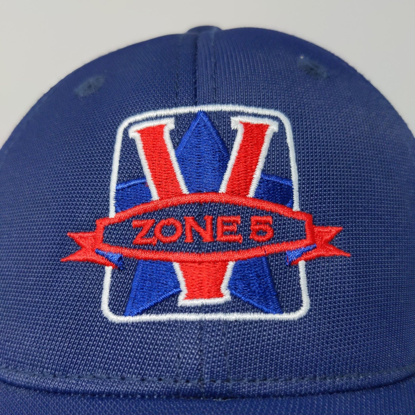 Sport-Tek V Zone 5 Strapback Hat Blue White Red Embroidered Logo 91% Nylon