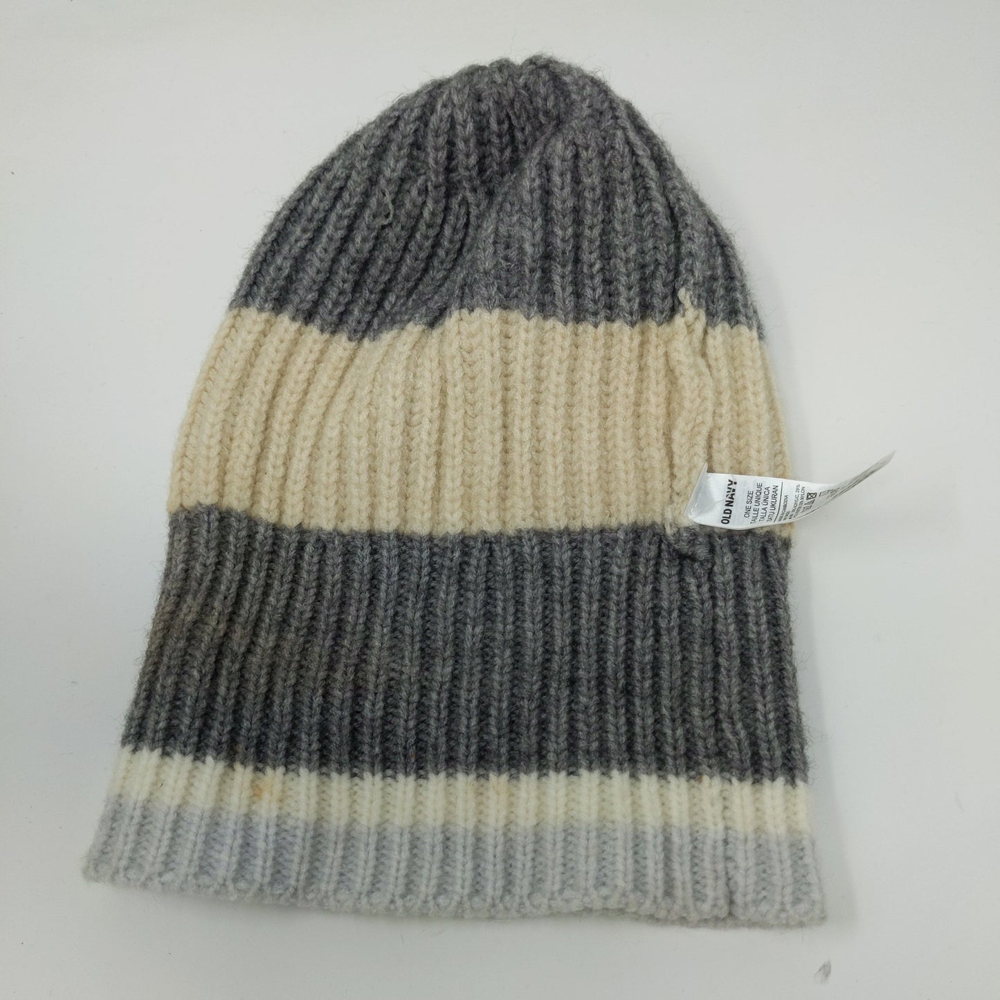 Old Navy Toboggan Beanie Hat Gray Cream White Striped OSFA Acrylic Blend