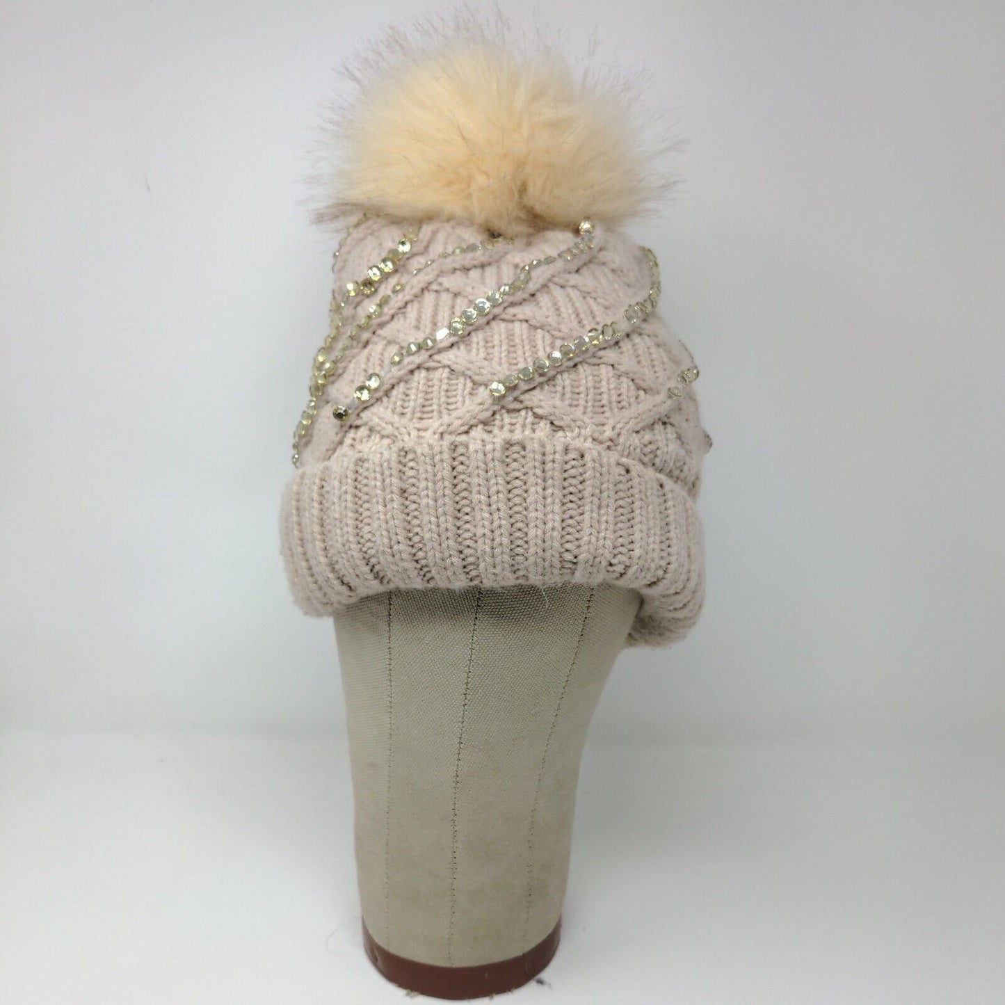 Knit Winter Crystal Bling Studded Pom Pom Cable Knit Beanie Faux Fur Lining Hat