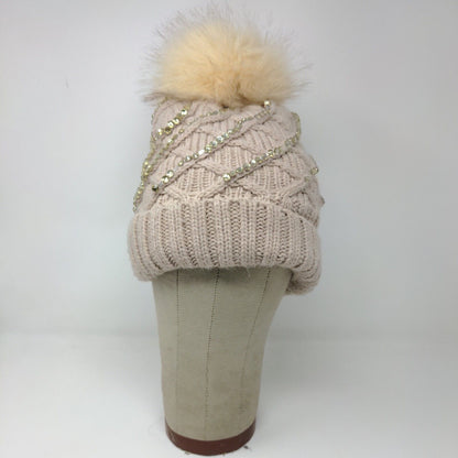 Knit Winter Crystal Bling Studded Pom Pom Cable Knit Beanie Faux Fur Lining Hat