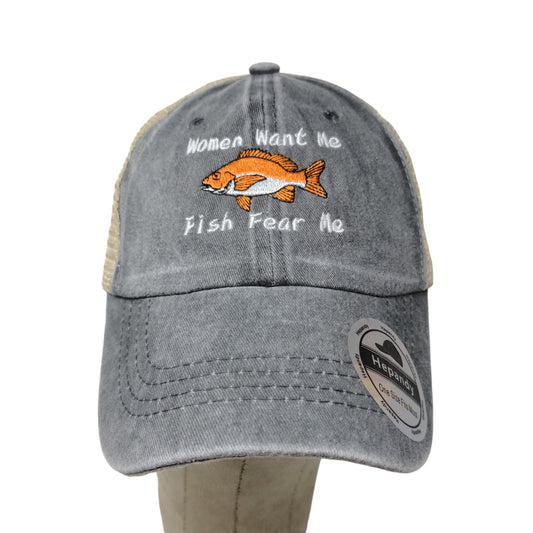 Unbranded Men's Women Want Me Fish Fear Me Slideback Mesh Back Hat Gray Tan