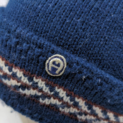 Etienne Aigner Women's Knit Beanie Hat Blue Embroidered Logo Stripe Accent