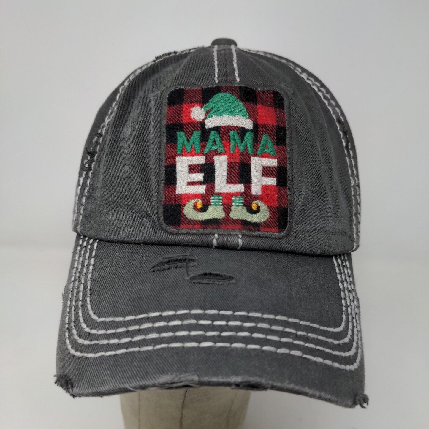 KBethods Women's Christmas Hat Gray Mama Elf Embroidered Distressed