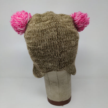 Knitted animal hat with ear flaps. Brown with pink Pom Poms.