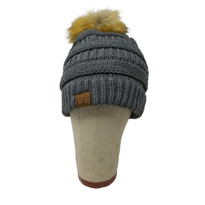 C.C. Exclusives Knit Beanie Hat Fur Pom Pom Gray 100% Acrylic
