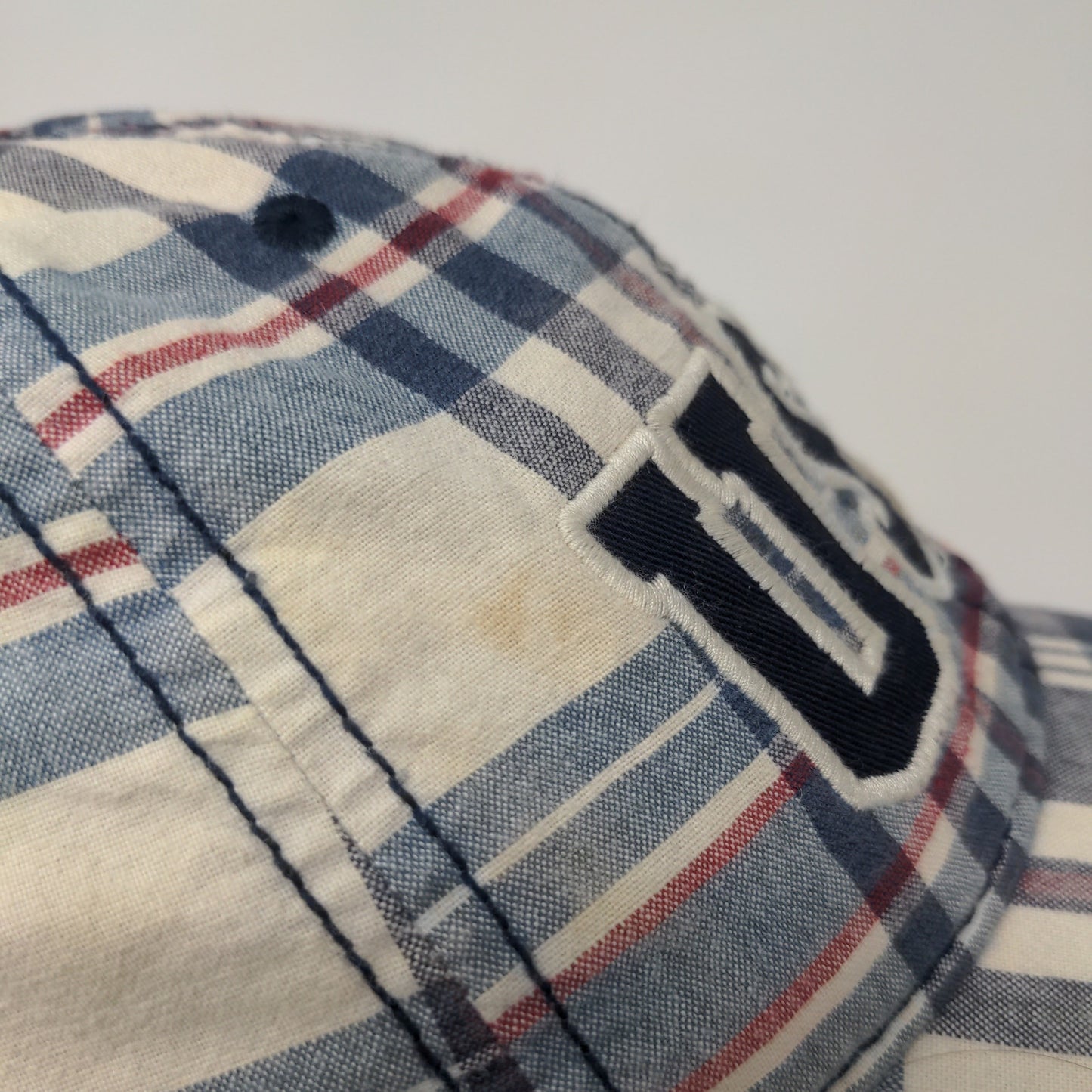 USA Patriotic Blue White Plaid Hat Strapback Cap Embroidered Spell Out