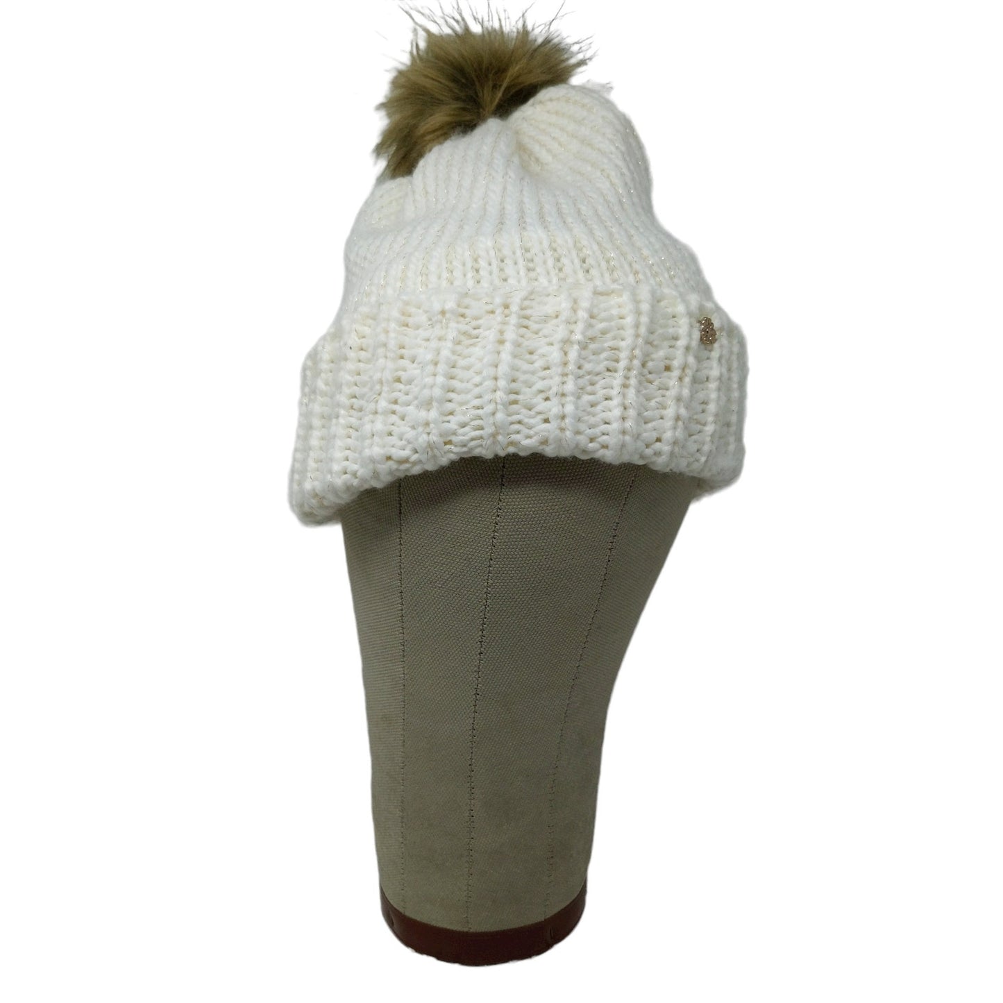 Lauren Conrad Knit Beanie Hat White Cream Faux Fur Pom Pom W/ Pin
