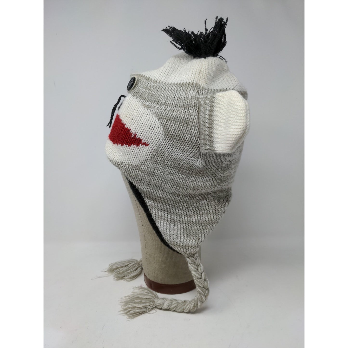Sock Monkey Knit Beanie Hat Cap Button Eyes 100% Acrylic Gray White