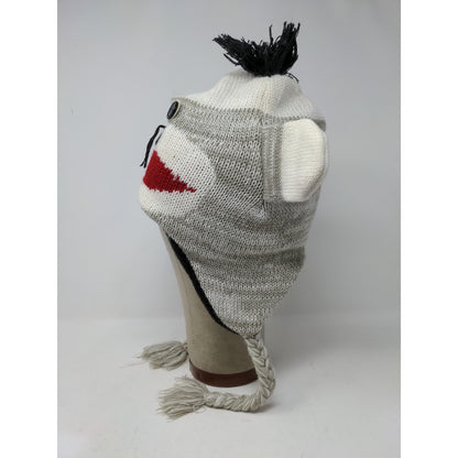 Sock Monkey Knit Beanie Hat Cap Button Eyes 100% Acrylic Gray White