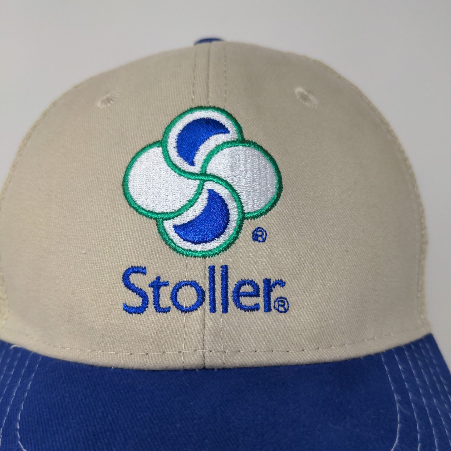 Stoller USA Strapback Mesh Back Hat Embroidered Logo Blue Tan