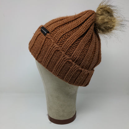 Tahari Knit Beanie Hat Pom Pom Patch Logo Brown Warm One Size