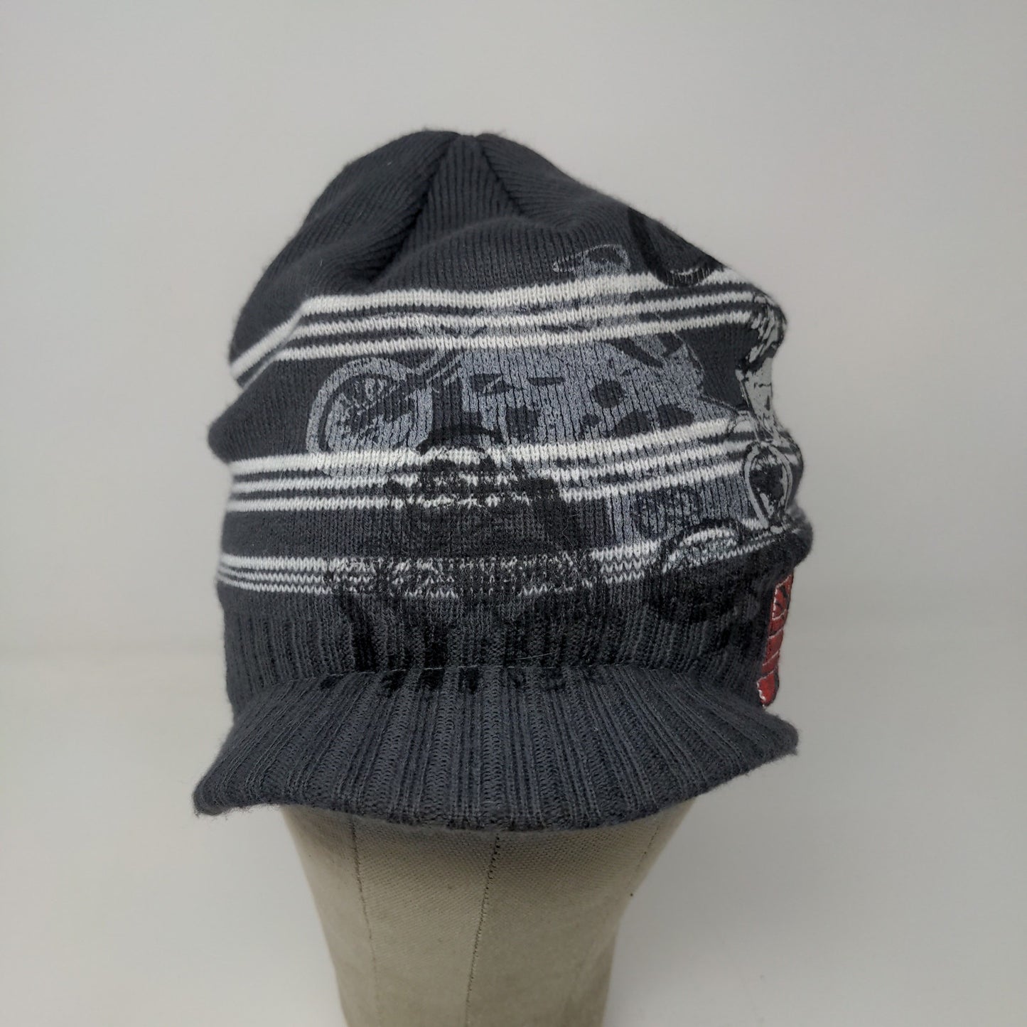 Youth Boys Beanie Hat With Bill Motorcycle Union Jack Embroidered Black SZ 4-16