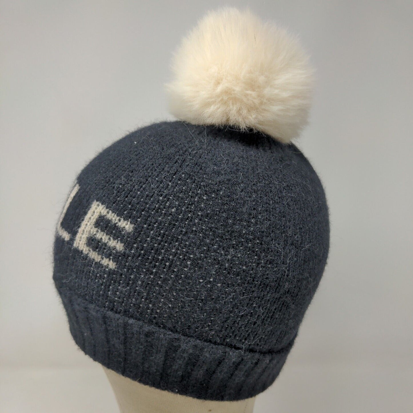 Unbranded Men's Knit Beanie Hat Black Acrylic Pomp Pom Smile Spell Out