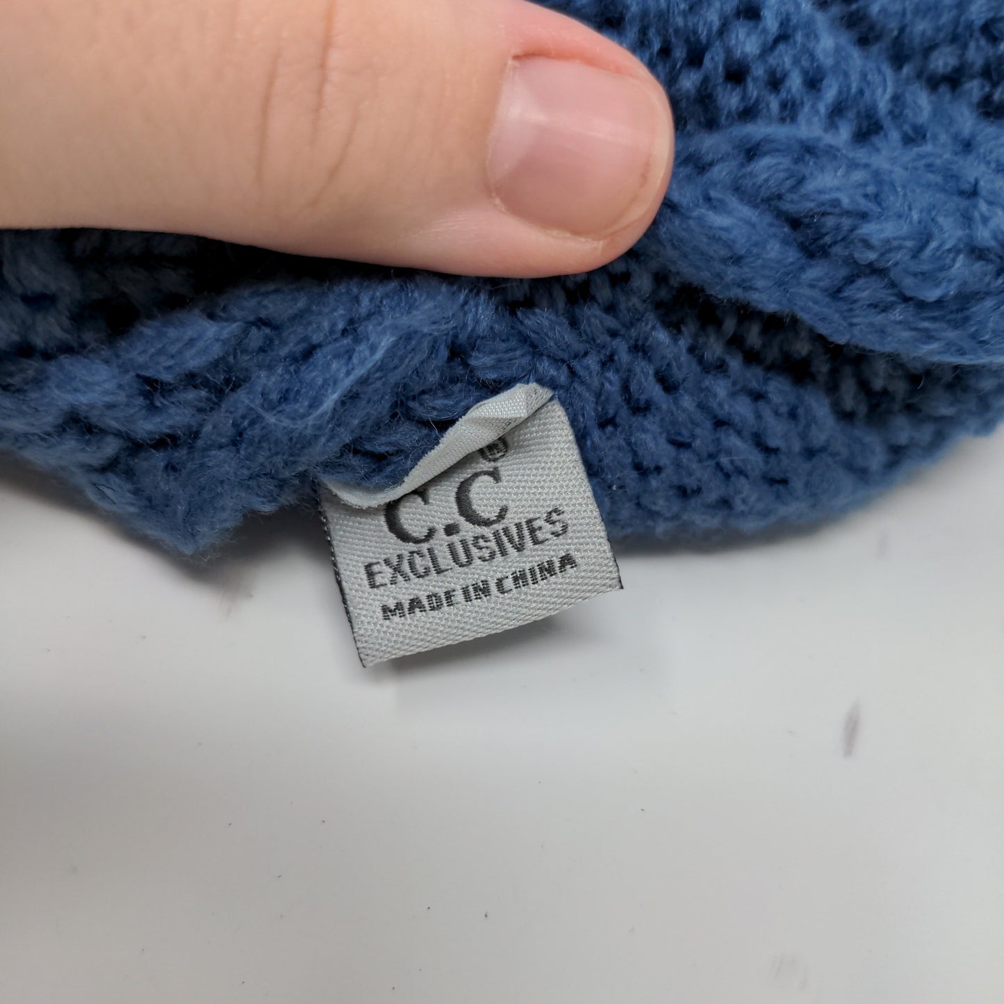 C.C. Exclusives Cable Knit Beanie Hat Blue Patch Logo 100% Acrylic