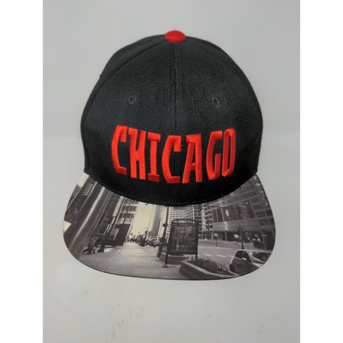 Chicago Snapback Hat Embroidered Spell Out Red & Black OSFM Picture Bill