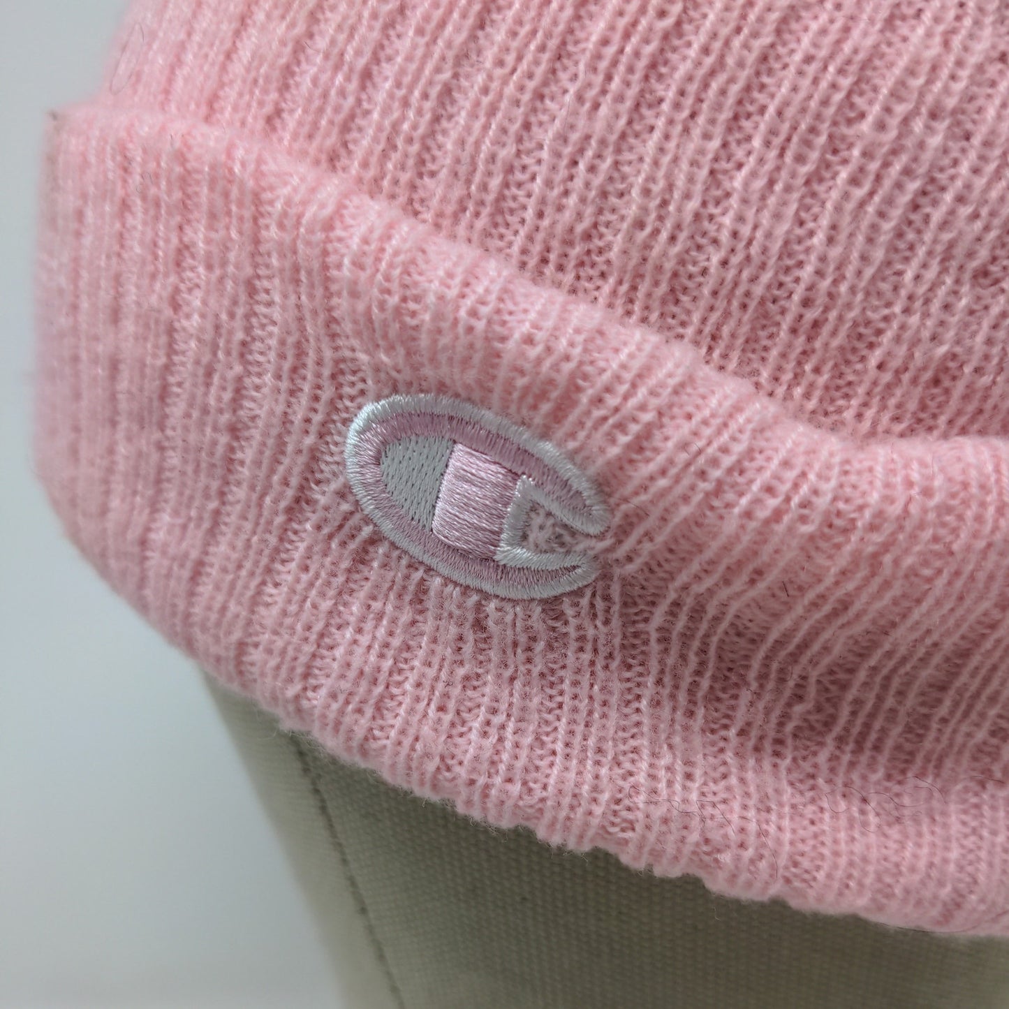 Champion Knit Beanie Hat Pom Pom OSFA Pink Embroidered Logo Acrylic