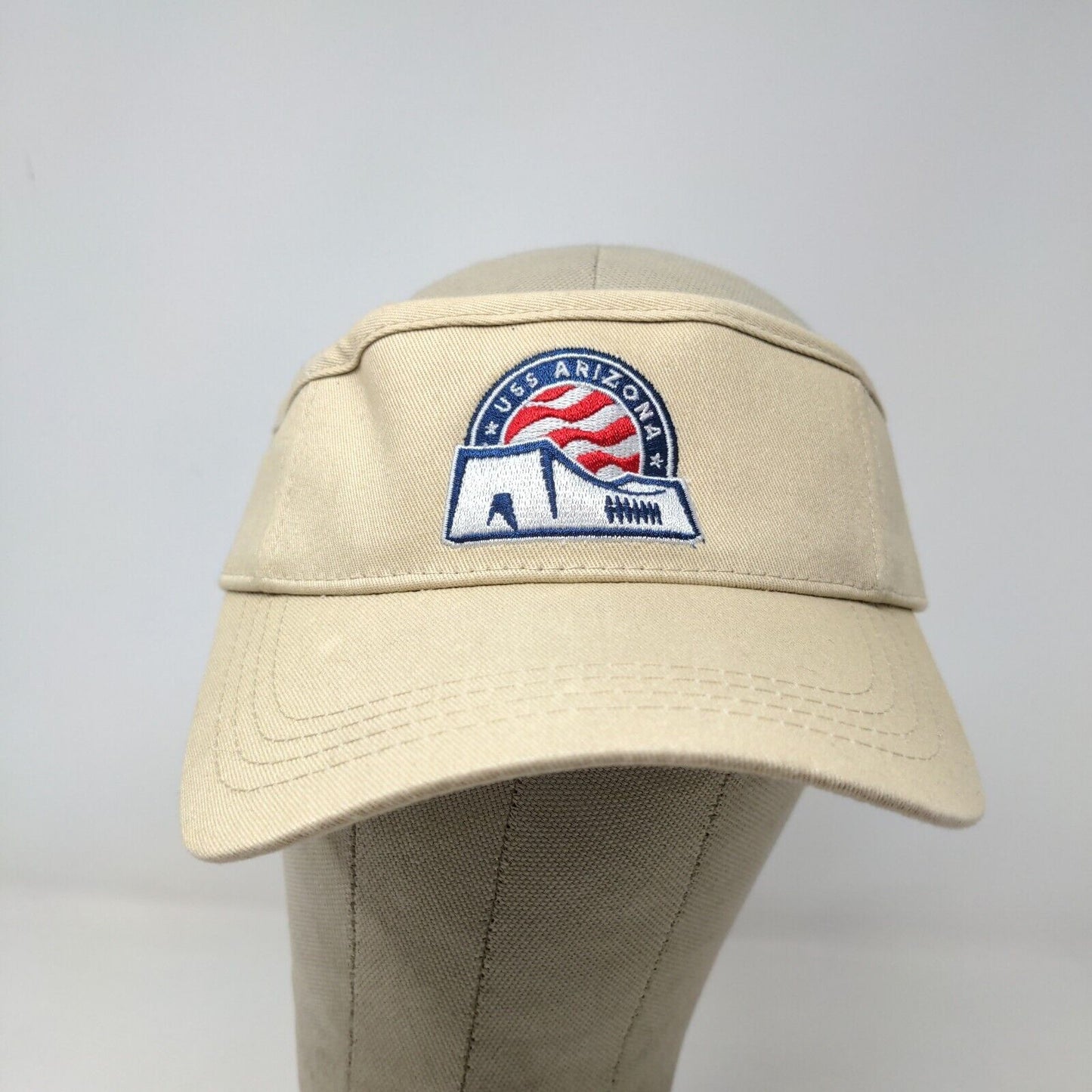 USS Arizona Men's Strapback Visor Hat Pearl Harbor Hawaii Tan Embroidered