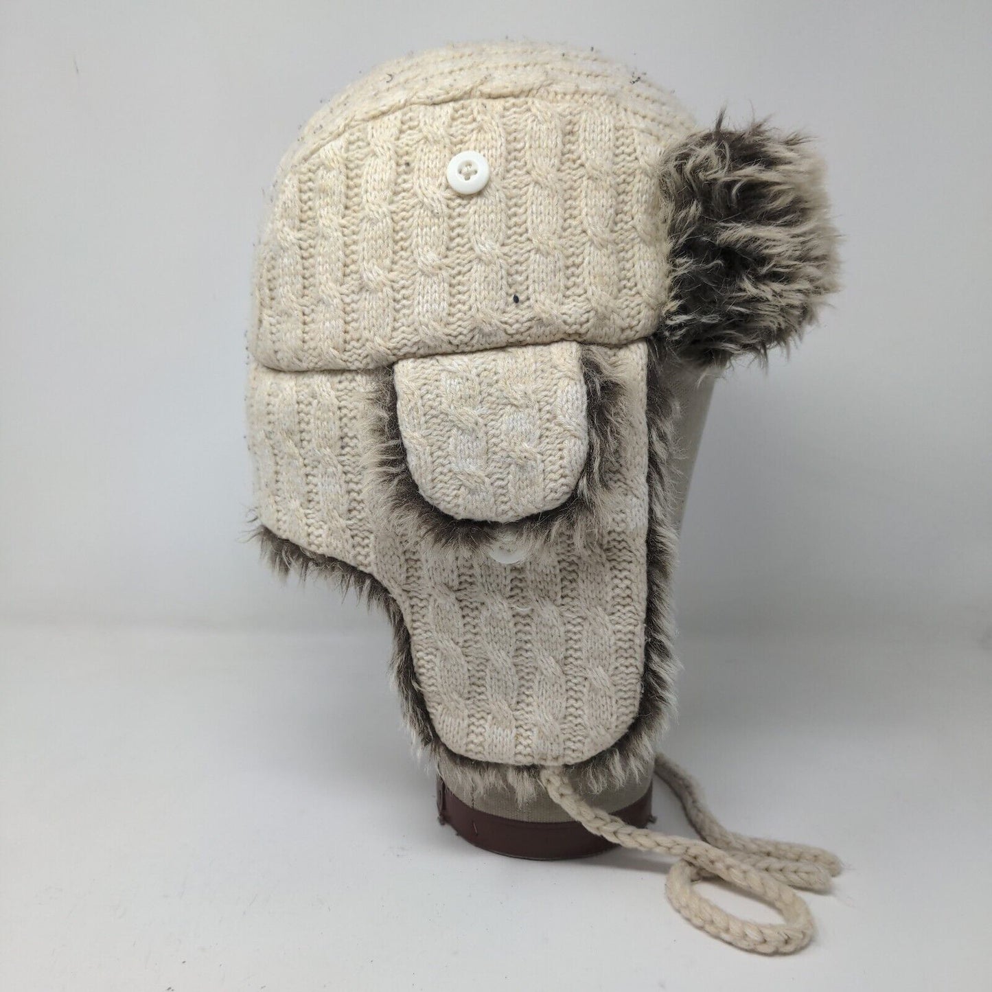 Screamer Women's Knit Trapper Hat Cream Vegan Fur Trim Ear Flaps