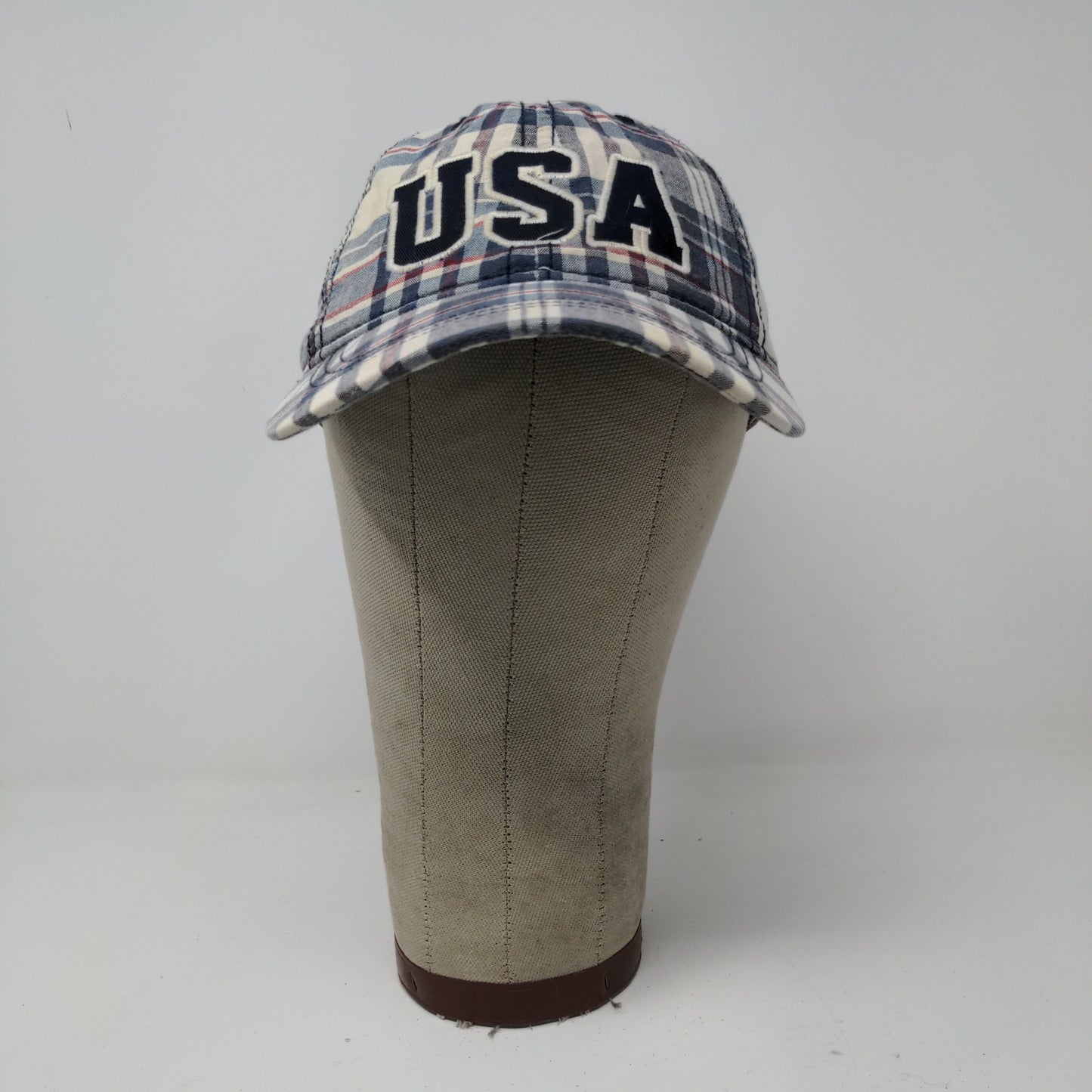 USA Patriotic Blue White Plaid Hat Strapback Cap Embroidered Spell Out